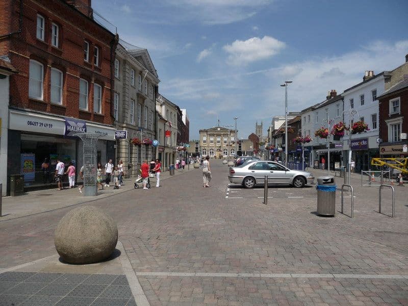 High Street, Andover, towards the Guildhall: shops and businesses that take card payments